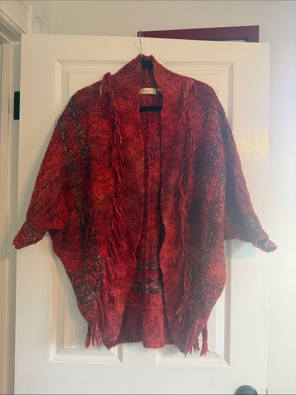 Anthropologie Cozy Red Fringe Open-Front Women's Sweater